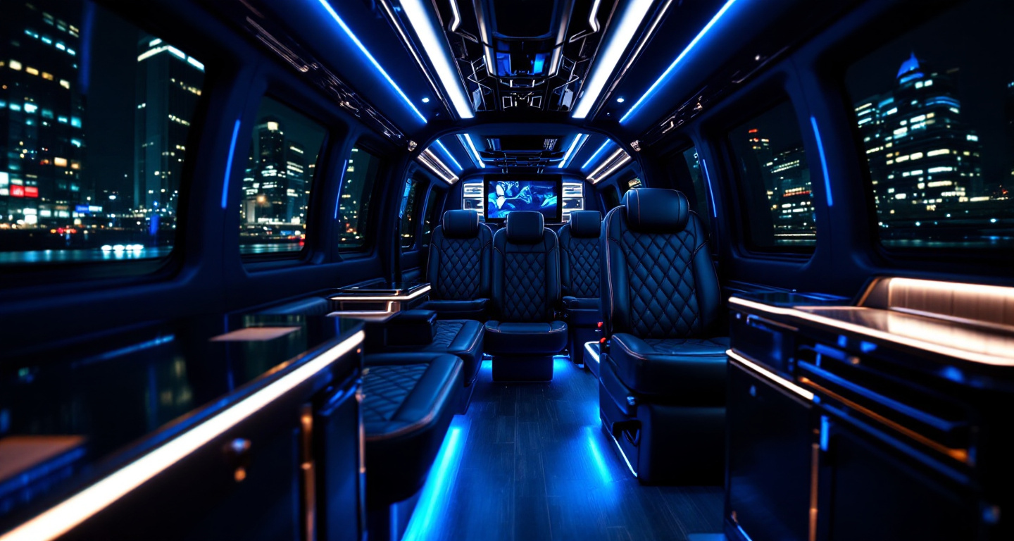 Luxury Mercedes-Benz Sprinter executive interior with blue ambient lighting